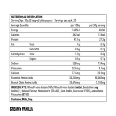 Eat Me Lean Shake 600g Creamy Vanilla Whey Protein Isolate (WPI)  Nutritional Information