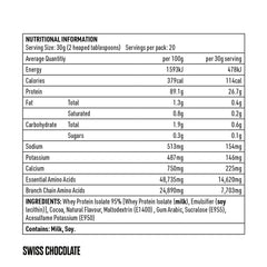 Eat Me Lean Shake 600g Swiss Chocolate Whey Protein Isolate (WPI)  Nutritional Information