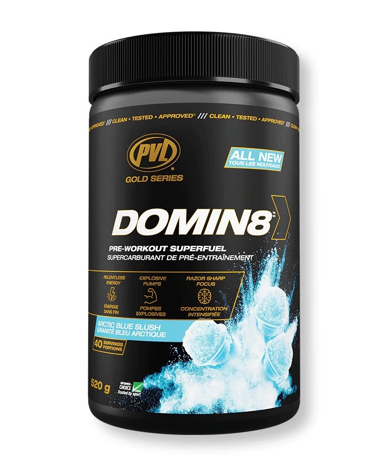 PVL Domin8 Pre Workout Superfuel Vitamins & Supplements Sky Nutrition 520g Artic Blue Slush 